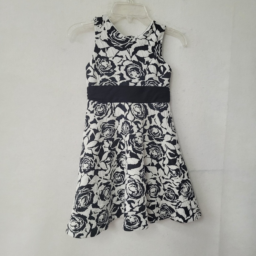 Janie and Jack Floral Dress Kids 5 Black White Rose Jacquard Metallic Bow‎ Back